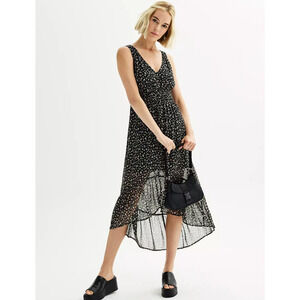 Rewind Button-Down High-Low Dress Black Floral Print Junior's Size Small